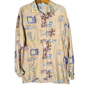 Vintage Dalmys 100% Silk Button Down Shirt Tan Abstract Oversized Artsy M